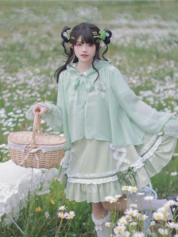 Semi-sheer Frog Hood Sun Protection Top Light Green Chiffon