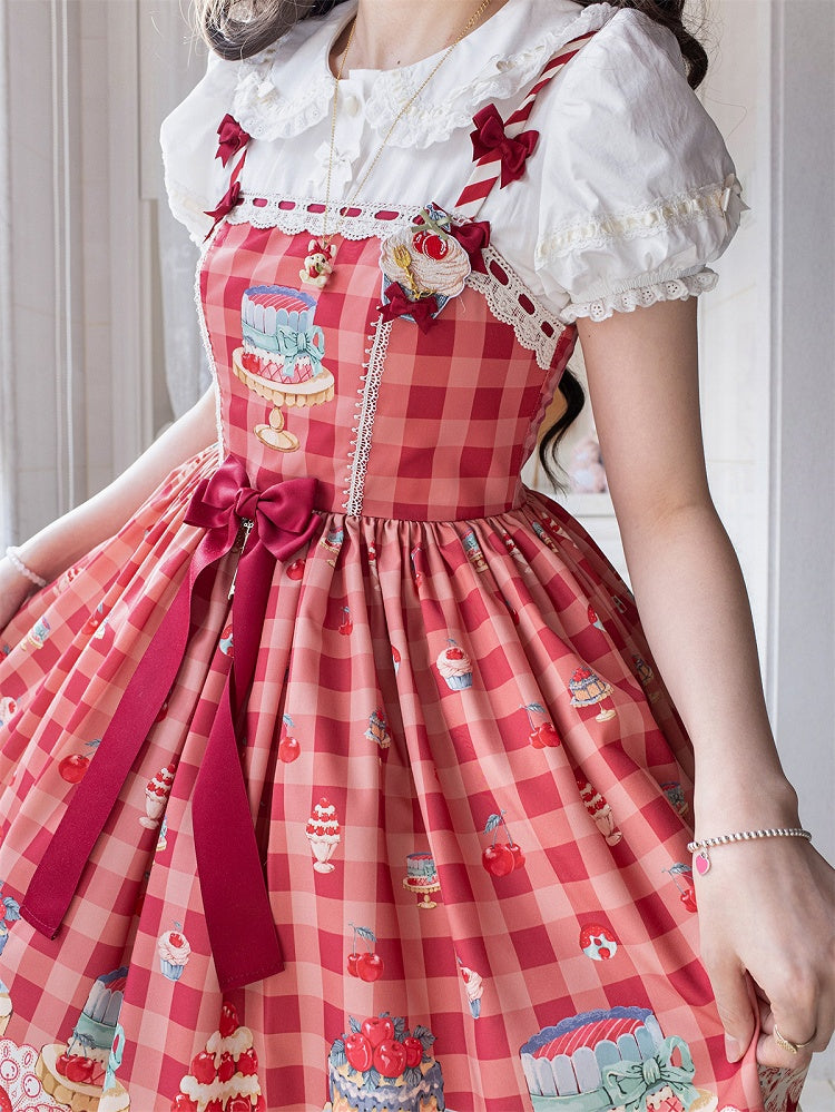 Süßer Lolita-Pulloverrock mit rotem Gingham-Muster und Kirsch- und Dessert-Motiv