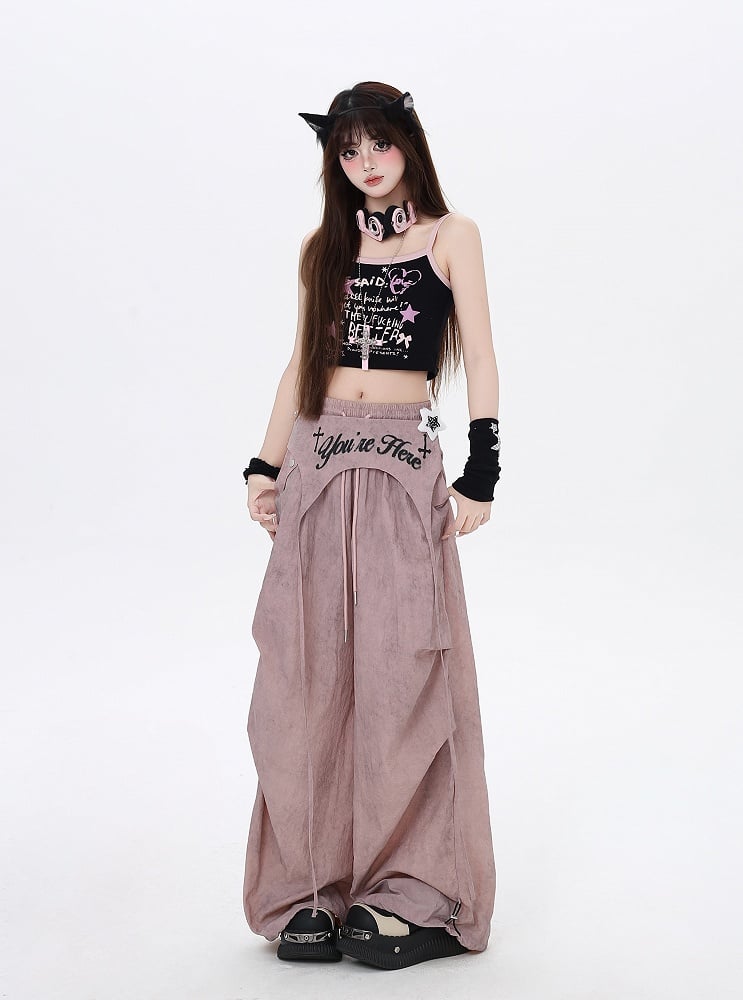 Waist Asymmetrical Pants Punk Accessory Dusty Pink Drawstring Waist Wasteland with