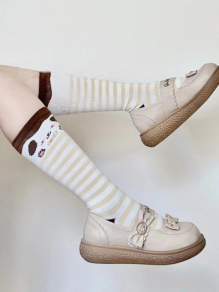 Lolita Coffee Print Pattern Striped Puppy Socks Calf