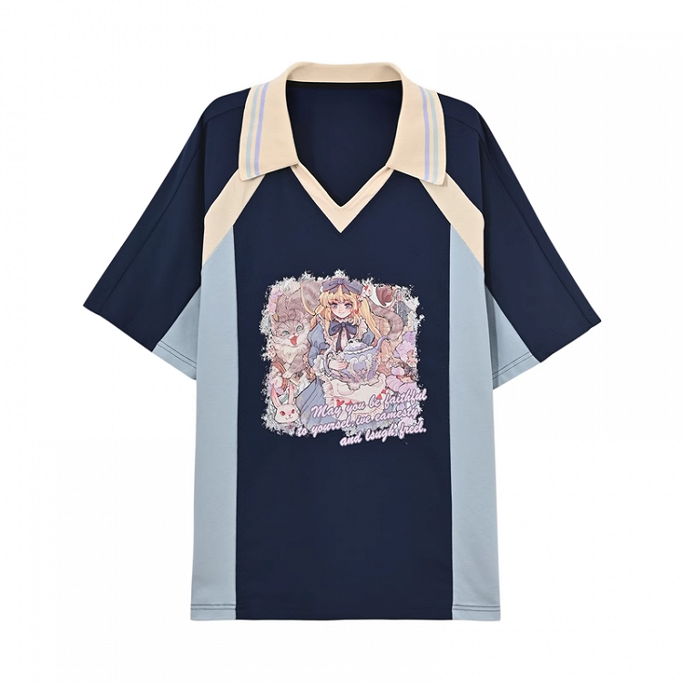 Version Marineblaues Colorblock-Design, V-Ausschnitt, Anime-Mädchen-Print, lang/kurz