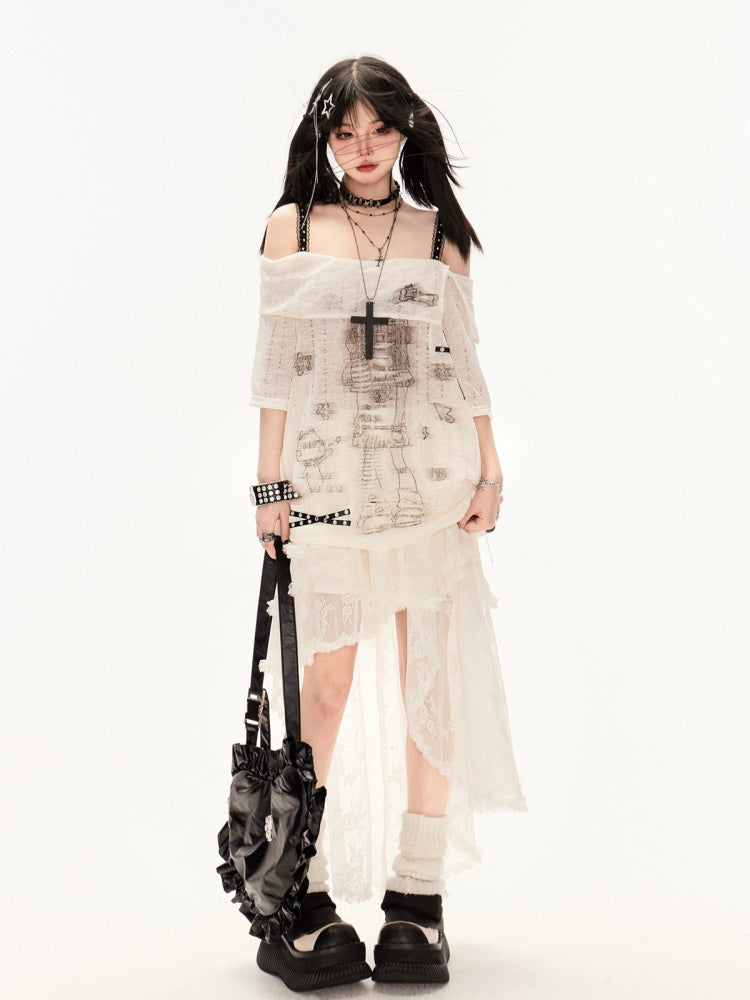 Apricot/Black Off-the-shoulder Criss-Cross Straps Cartoon Girl Print Coverup