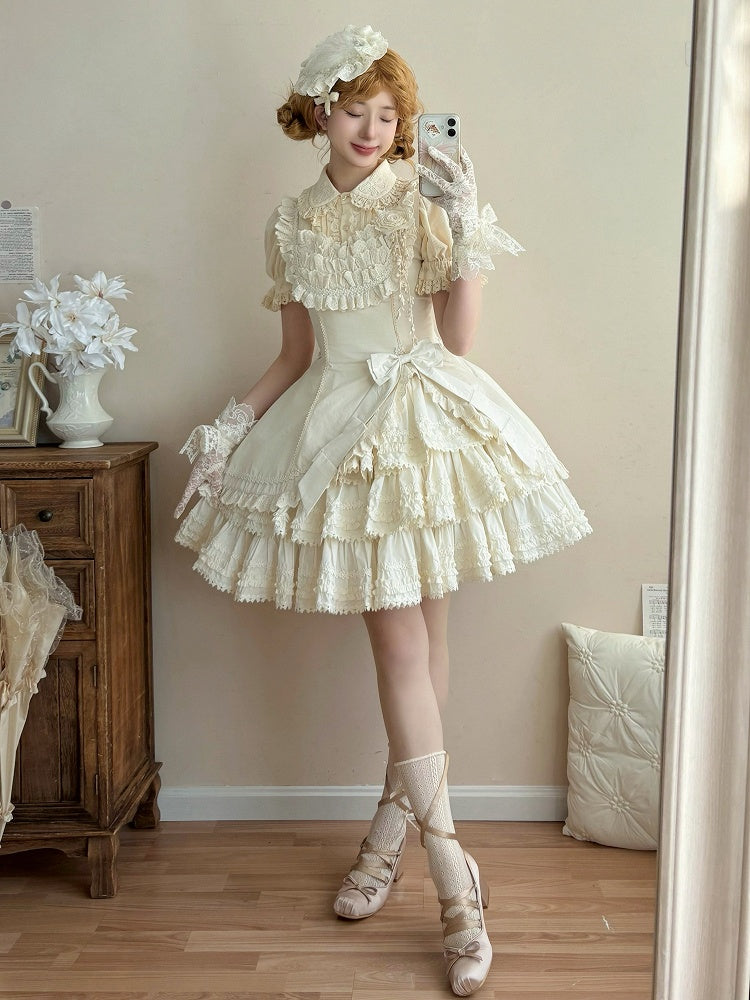Beige Elegant Slim Fit Waist Tiered Skirt Lolita Jumper Skirt