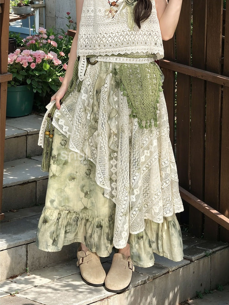 Dye Lace Patchwork Design Long/Short Tie Skirt Version Kei Green Mori