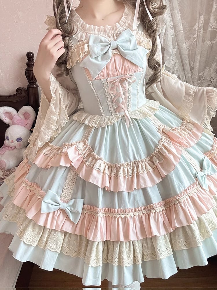 and Candy JSK Lace-up Front Scalloped Edge Sweet Lolita Dress Blue Color Pink