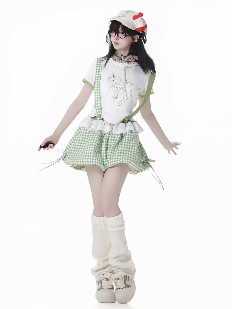 Neckline Green Apple Print Lettuce Hem Self-tie White T-shirt Bow