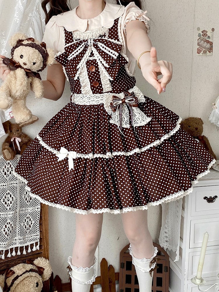 School Lolita Chocolate Polka-dot Pattern Dress Brown Overall Old