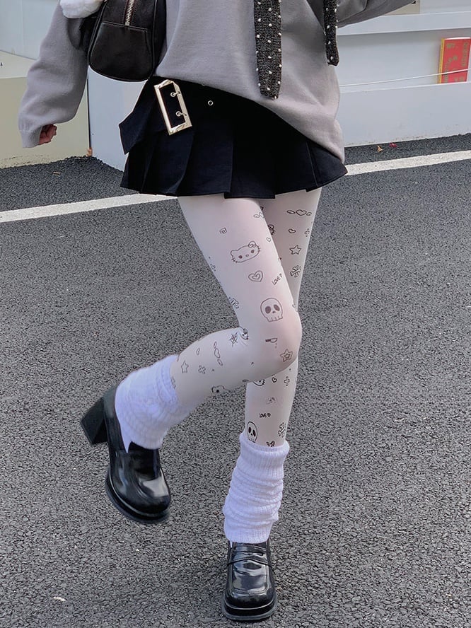 White Sweet Kitty Heart Star Print Cartoon Tights
