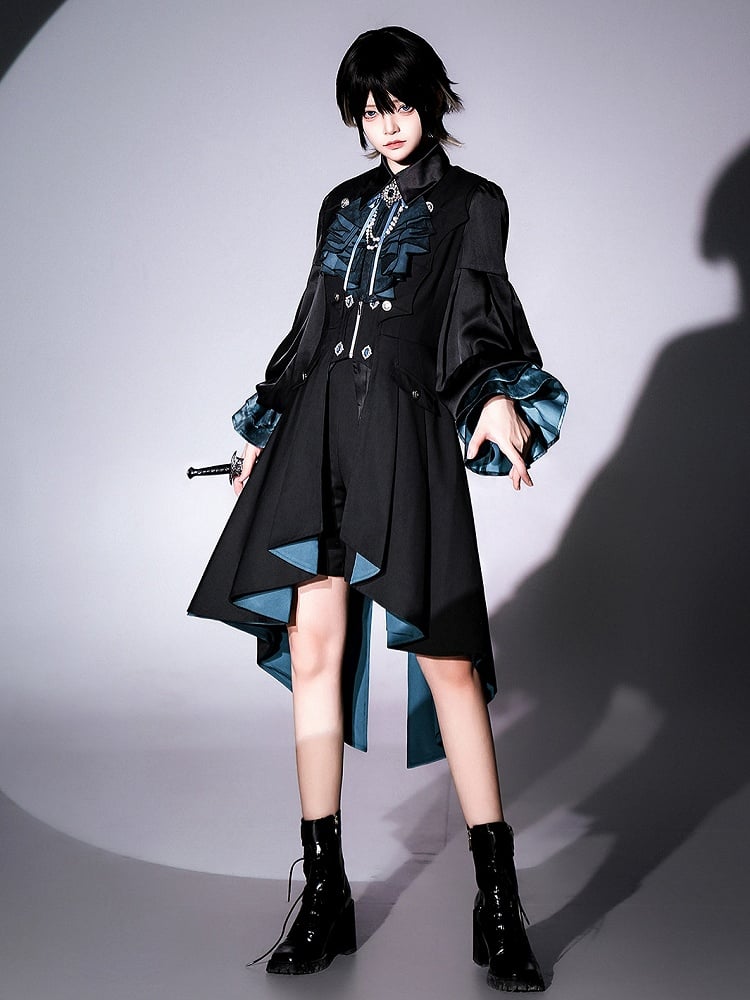 Long Shirt - Black Ouji Blue + Sleeves Tie Waistcoat Jabot Full and Prince Shorts Lolita Set