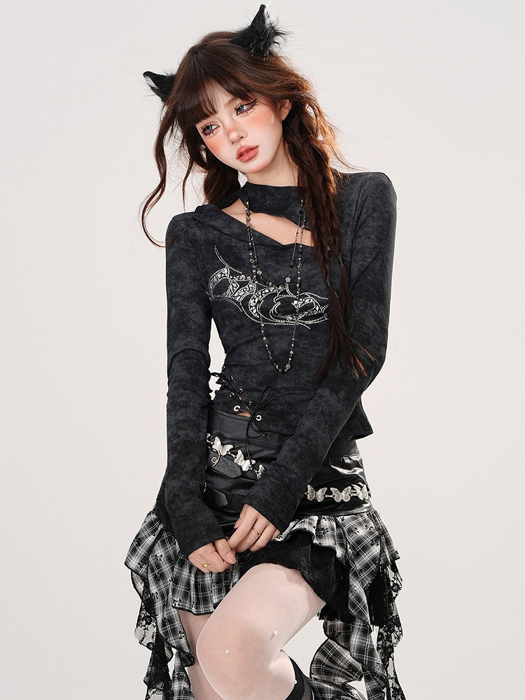 Black/Khaki Rhinestones Adorned Cutout Top Lace-up Detail