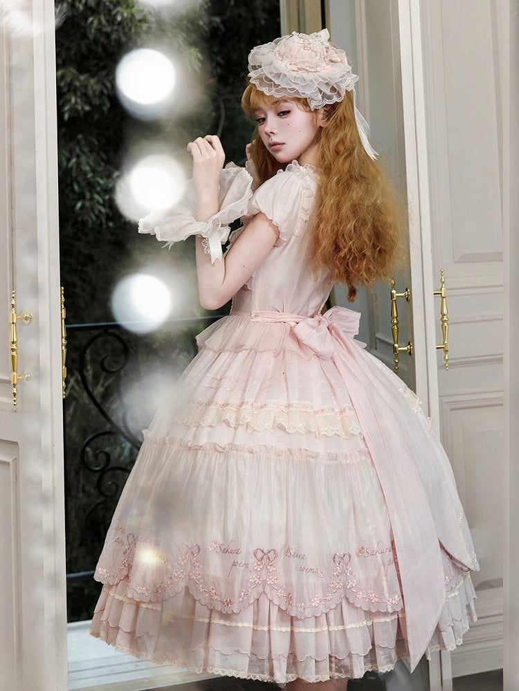 Embrodery Short Pink Dress Mini Blossom Delicate Sleeves Cherry Lolita Princess