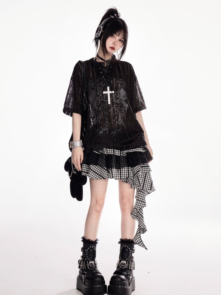 Y2K Holes Black/White Lace-up Mock Neck Distressed