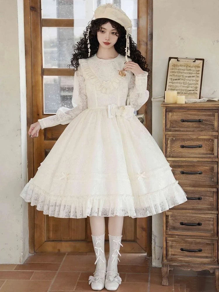 Beiges, halbtransparentes, elegantes, klassisches Lolita-Kleid mit Harfenstickerei im Frühling