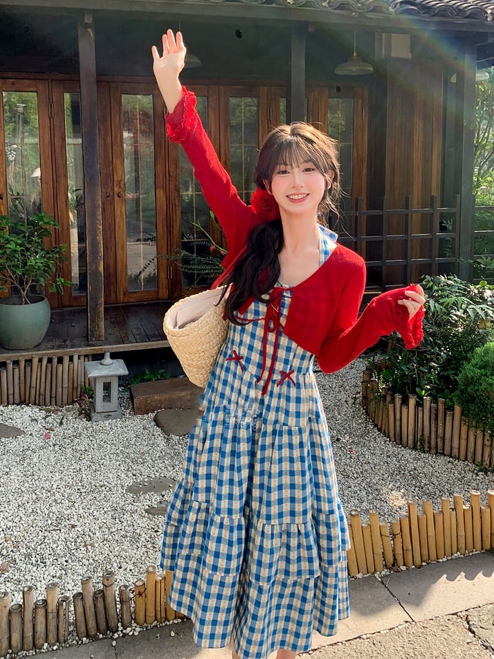 Knit Cardigan with Self-tie Strap Vintage Sweet Red Ruffled Cuffs
