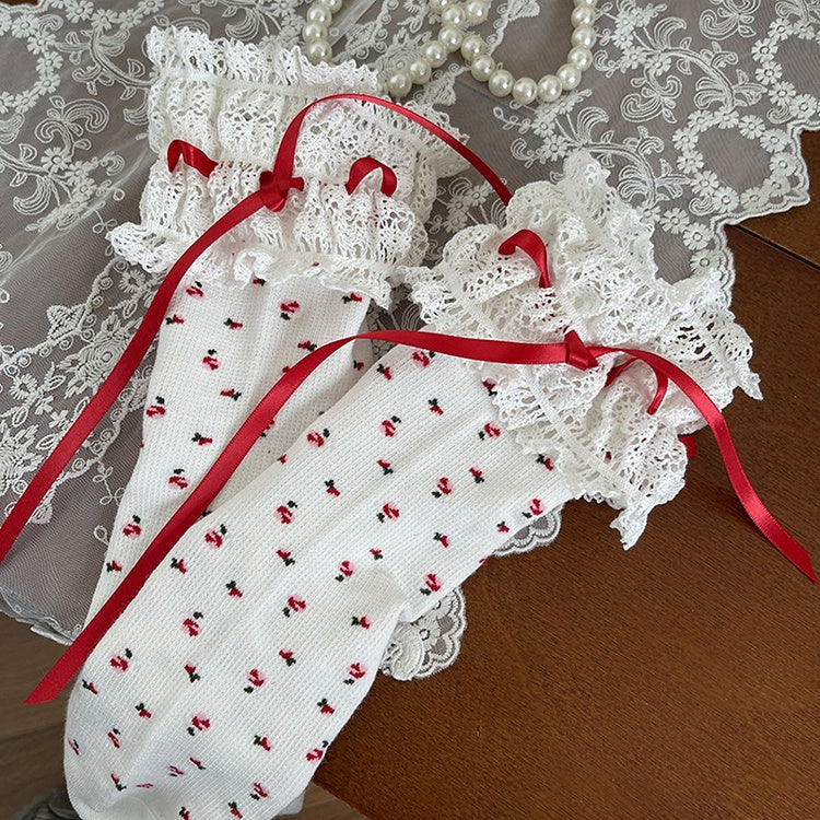 Trim Floral Details Bowknot Calf Black/White Lace Pattern Socks