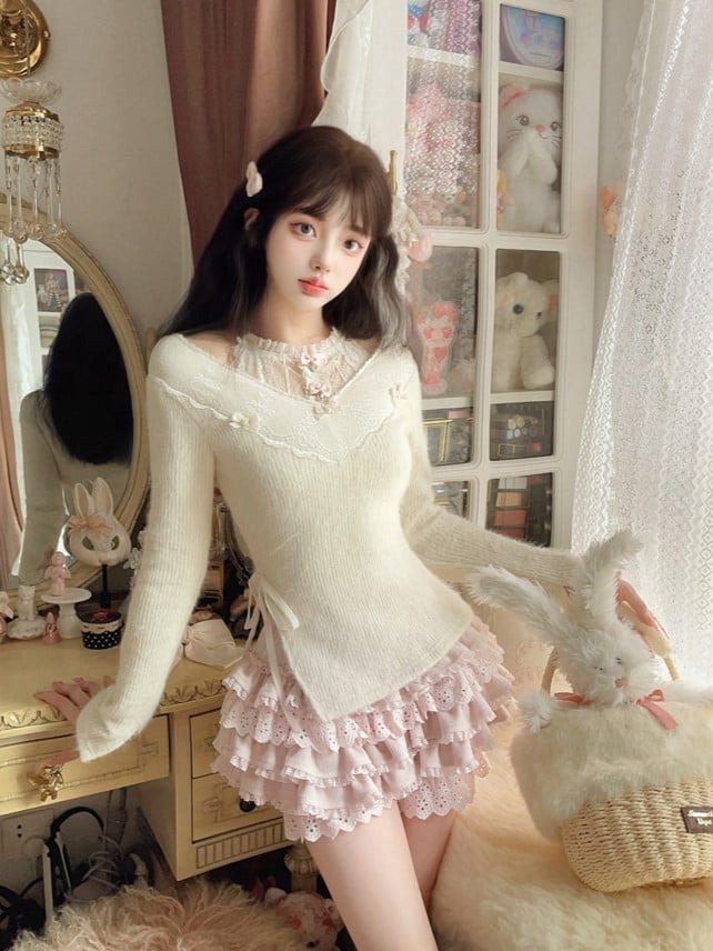 Sweater With Bow Accents and Playful Ribbon Detail White Lace-Trimmed V-Neck Knit