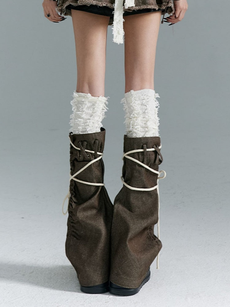 Leg Warmers with White Brown Punk Trim Self-tie Straps