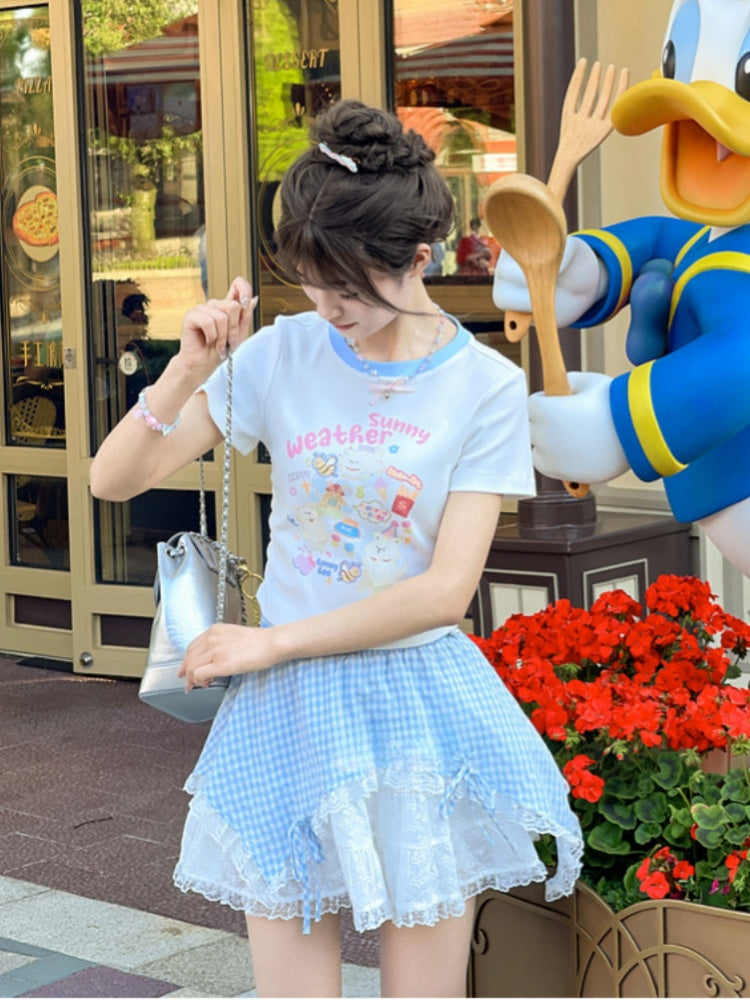 コントラストレースパッチ、ブルーチェック柄、伸縮性ウエスト、蝶結びディテールスカート