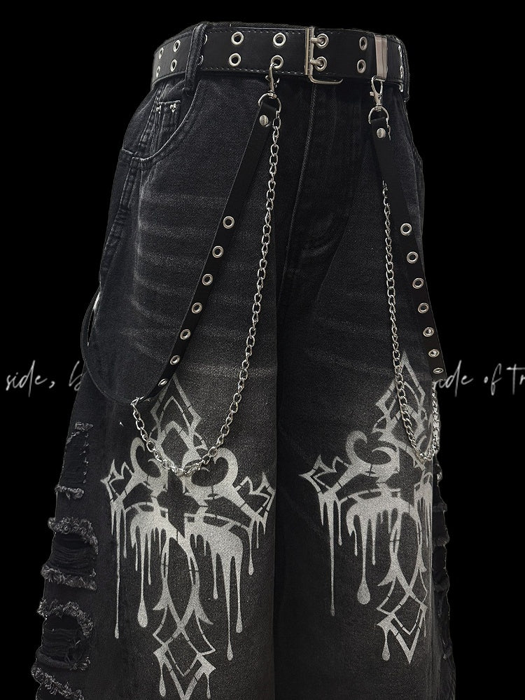 Wide-Leg Jeans Hem Raw Dark Gray Cross Print Distressed Holes