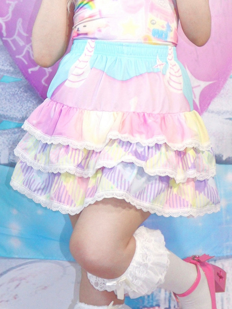 White/Blue/Purple Skirt with Lace Trim Y2K Striped Pattern Tiered A-Line