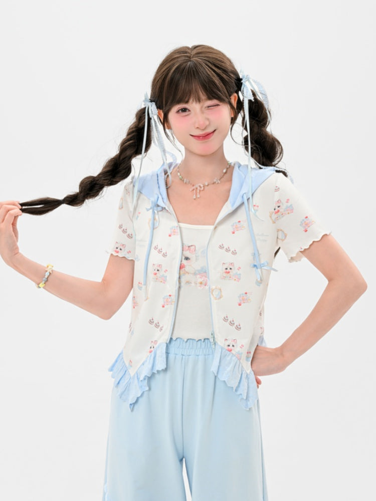 Hem White Scoop Neckline Cat Print Lettuce Cami Top