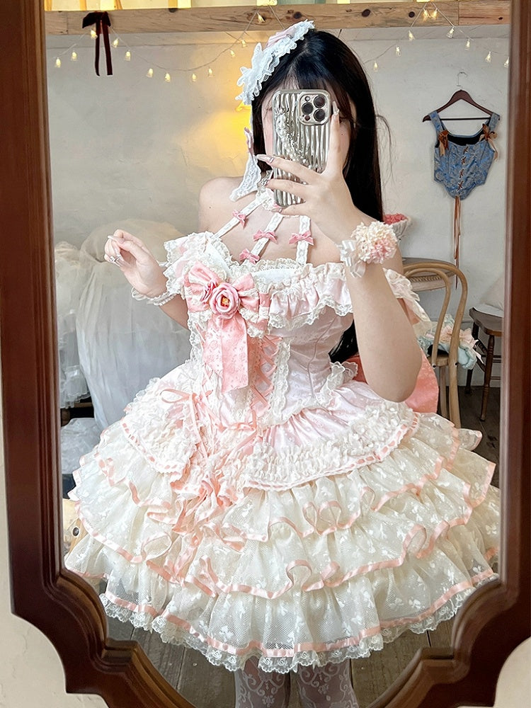 Pink Dress Ruffles Corset Fairy Princess Lace Kei Halter Tiered Neck Waist Skirt