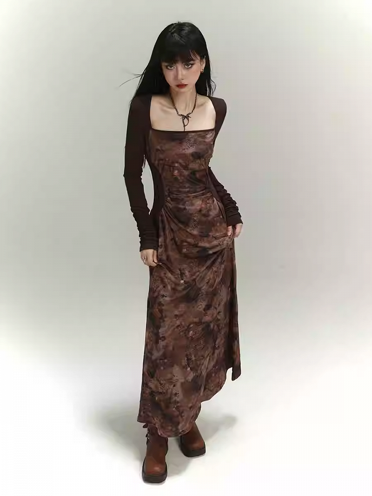 Millard Fashion Brown Square Neck Gathering Details Slim-fitting Dress