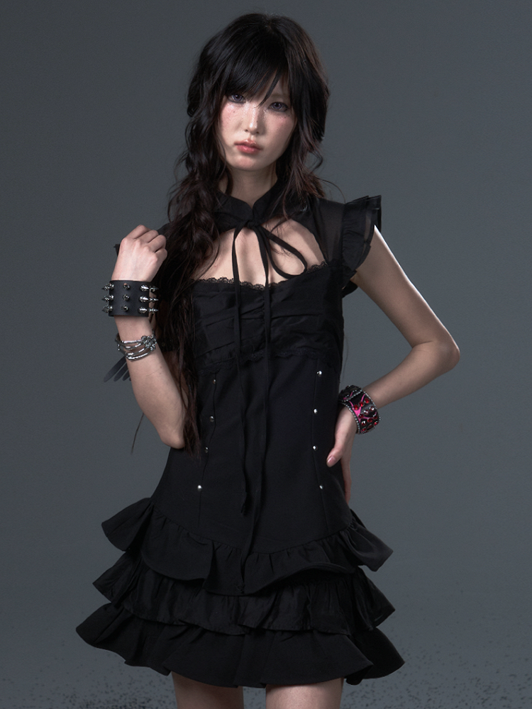 Black Gothic Punk A-Line Puff Dress with Lace Metal Studs