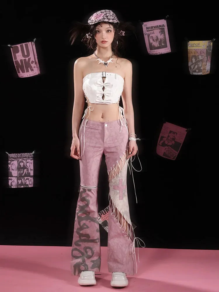 Asymmetrical Flared Detail Pink Pants Lace-up Dusty