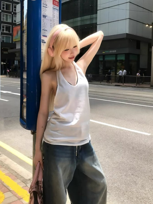 Backless Top White Halter Neck Glamorous