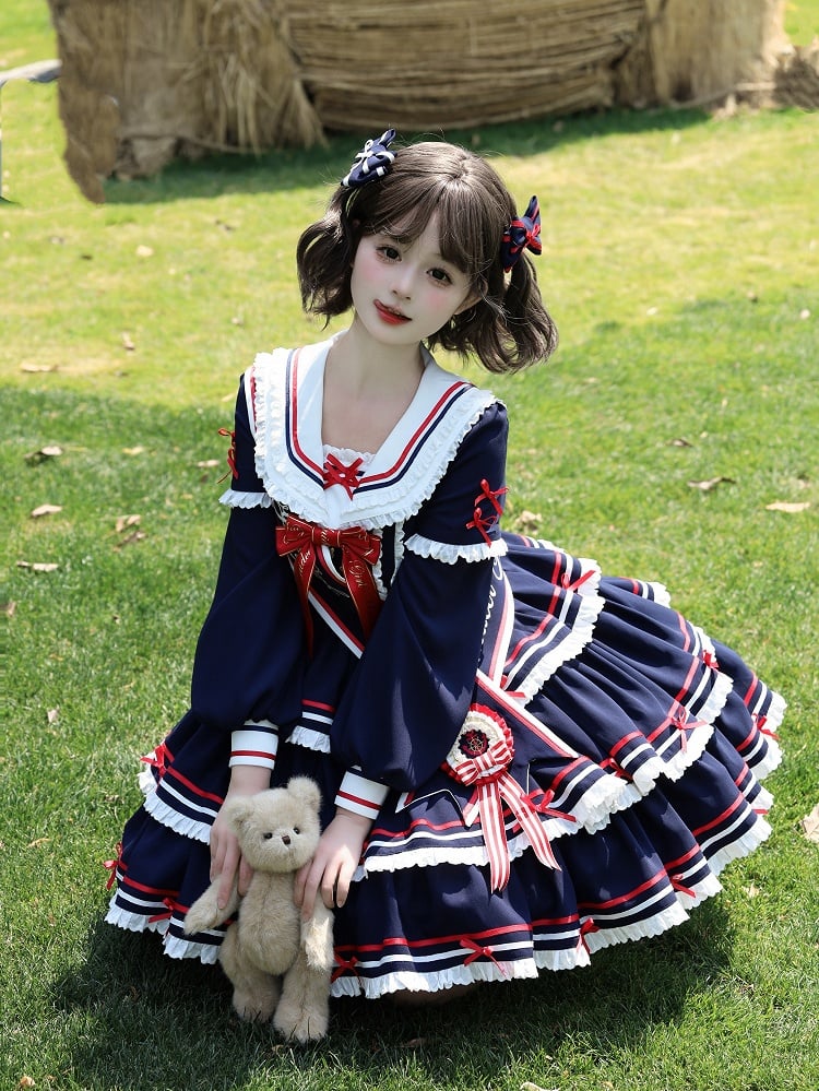 Sailor Set Lolita Navy Summer Dress Skirt Full OP Navycore Tiered Blue