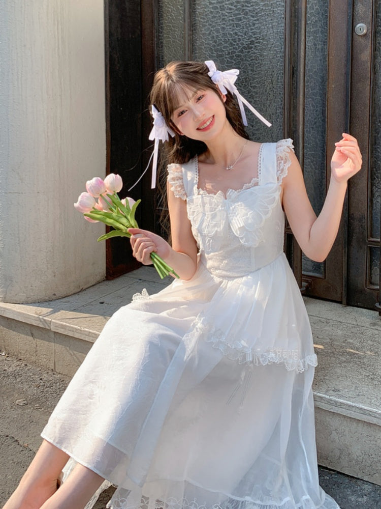 Mesh Overlay Detail with Sweet Dress White Flutter Sleeves Butterfly Neckline