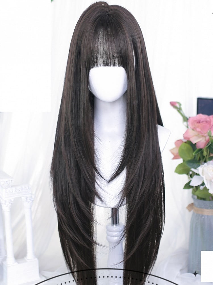 With Straight 75-80cm Long Wigs Brown Black/Dark Air Bangs