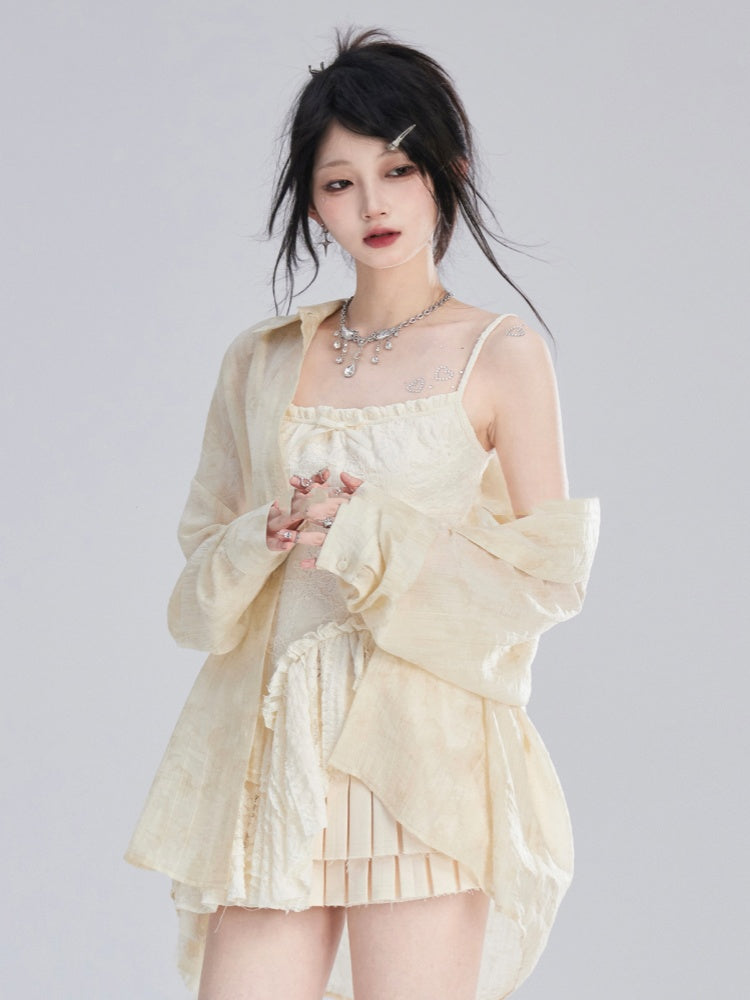 Apricot Semi-Sheer Sun Protection Shirt/Loose Shorts