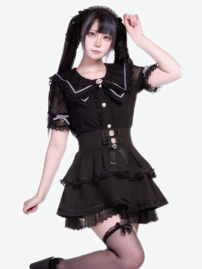 Schwarze Kei-Kragenbluse mit Schleife und Jirai