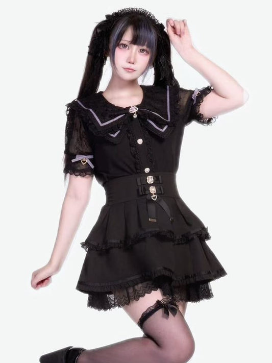 Schwarze Kei-Kragenbluse mit Schleife und Jirai