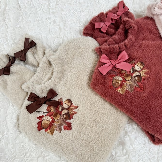 Leaf Embroidery Maple on Red Autumn Top Bowknot Brick Cuffs Knit Neckline