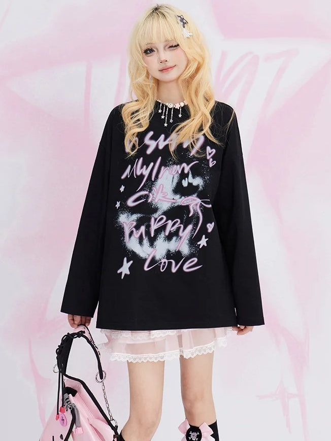 Black Letters Round Neck Loose Sweatshirt