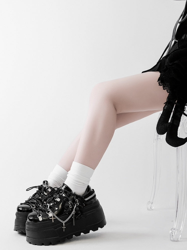 Detachable Black With Punk Front Charm Ties Design Platform Chain Lace-up Cross Shoes