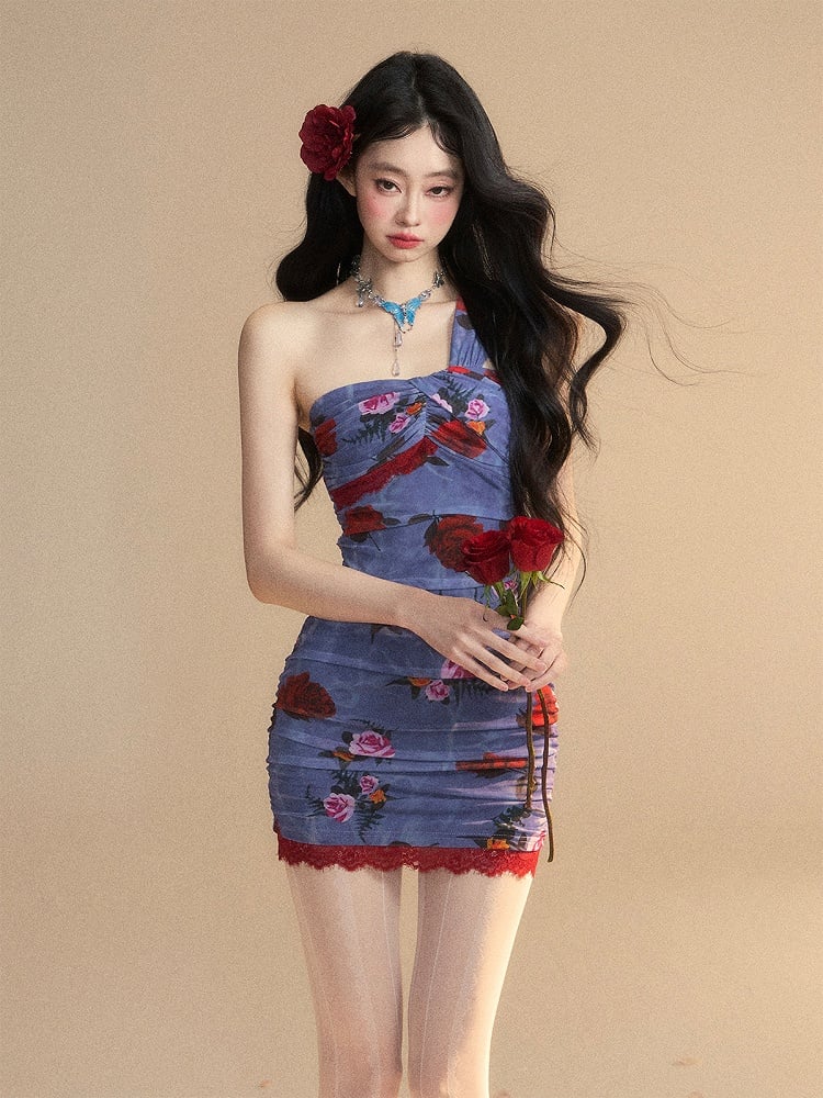 Monet's Secret Garden Mini Floral Sleeveless Dress Pattern Glamorous Blue