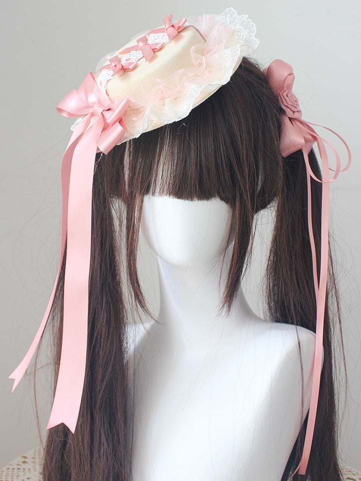 Rosa Schleife Details Spitzenbesatz Beige Flat Hat