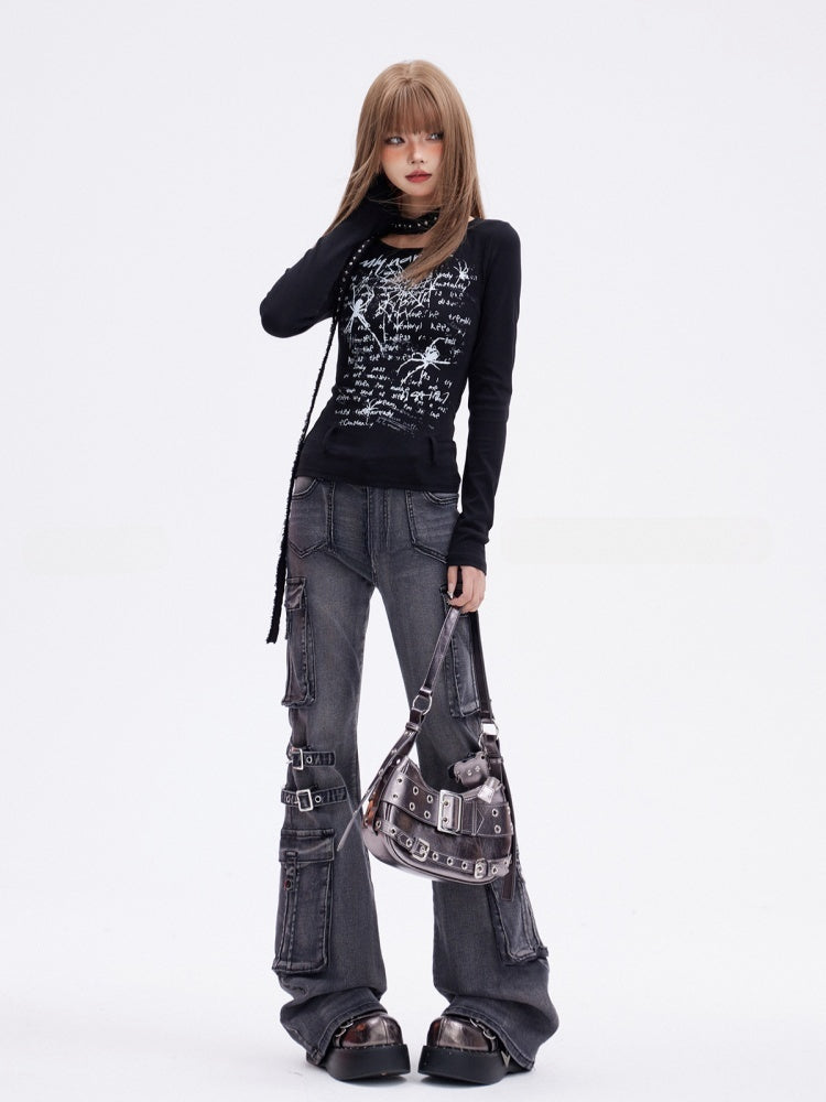 Free with Waist Y2K Black Spider Print Glamorous Slim-fitting Top Belt