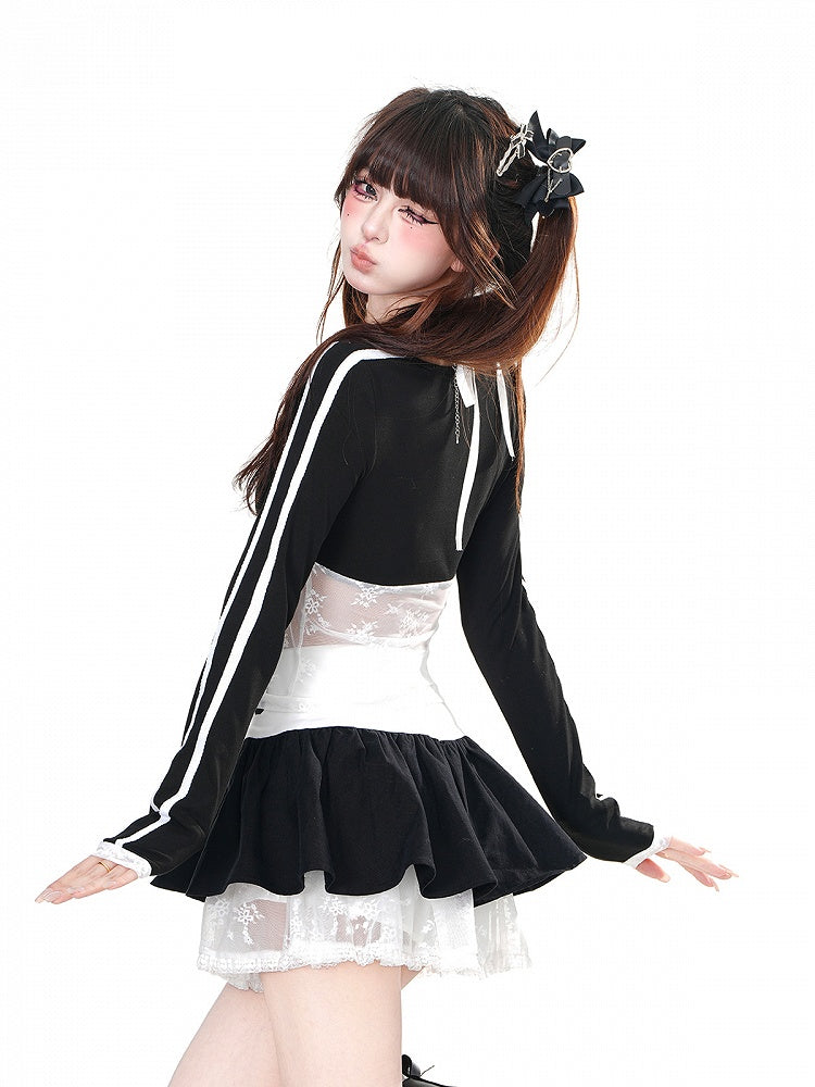 Thigh-Length Black Lace Tiered Skirt Puffy