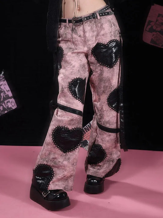 Applique Heart Gothic Leg Pink Wide Jeans Black with Zips Punk