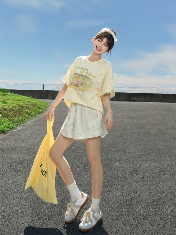 Drawstring Waist Wide-leg Shorts Adorable Bunny Print Green