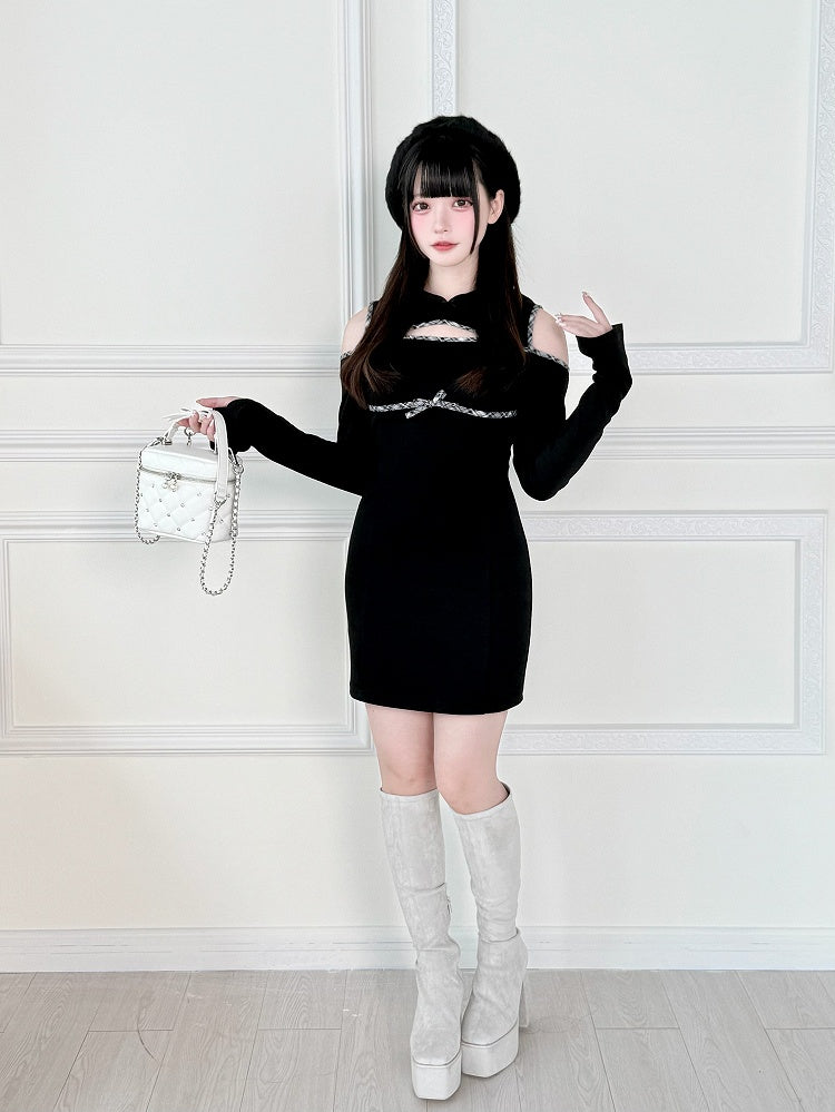 with Jirai Kawaii Kei Dress Chest and Shoulder Black Daily Hoodie Above-Knee Cutouts