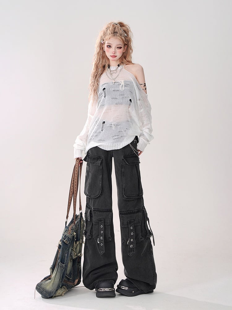 White Halter Neck Hollow-Out Knit Top with Cutout Shoulders