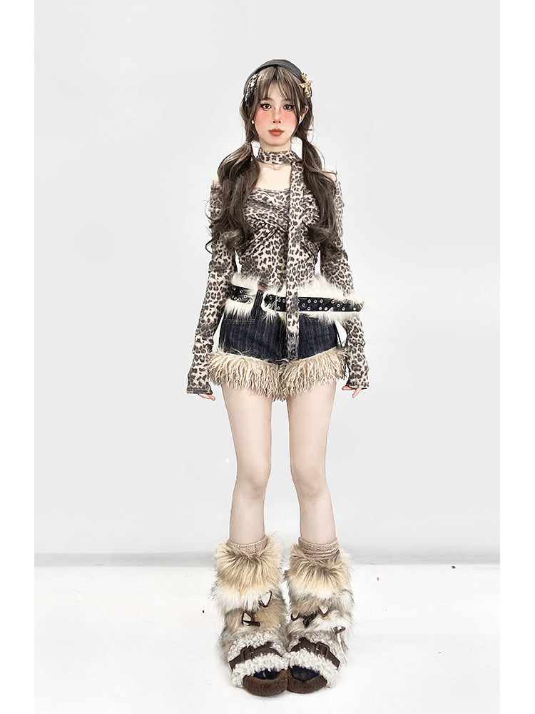 Y2K Gyaru Coffee Leopard Off-the-shoulder Neckline Vintage Glamorous Top with a Scarf