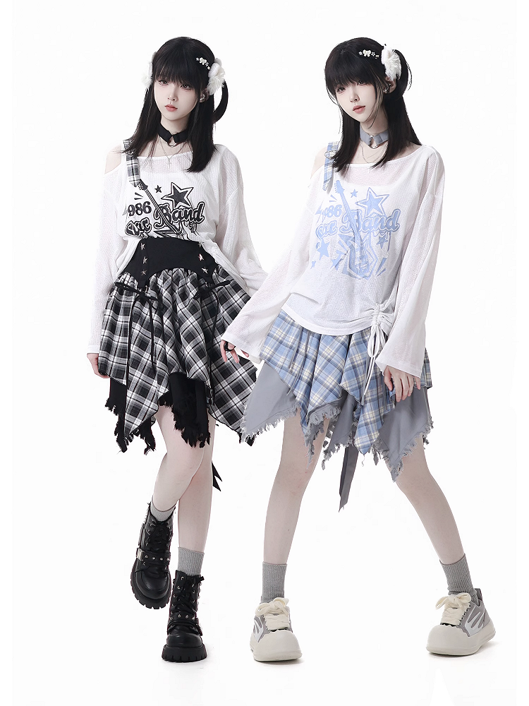 Blue/Black Free with Choker Guitar Print Asymmetrical Neckline Coverup