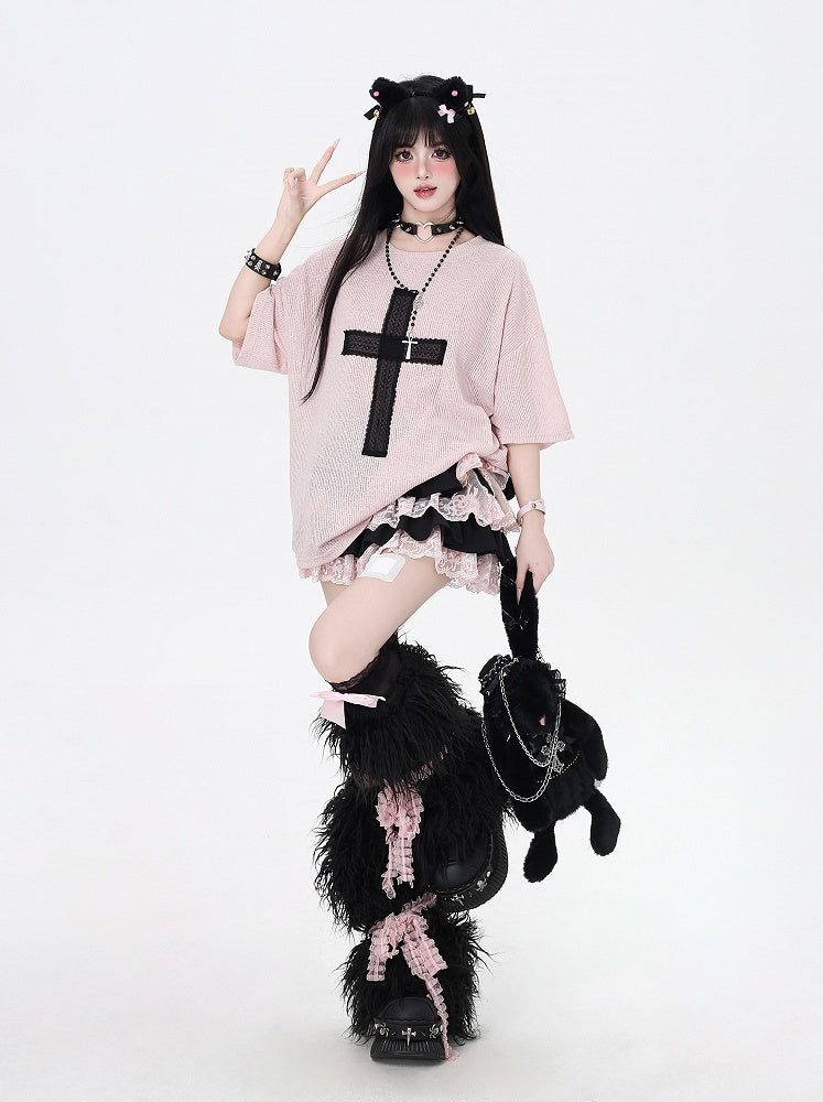 Light T-Shirt Cross Applique Loose Pink/Light Blue/Black